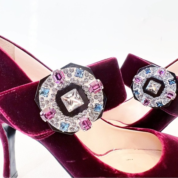 PRADA Embellished Velvet Mary Jane Pointy Toe Art Deco Bordeaux EU 39.5 $990 - Picture 11 of 15